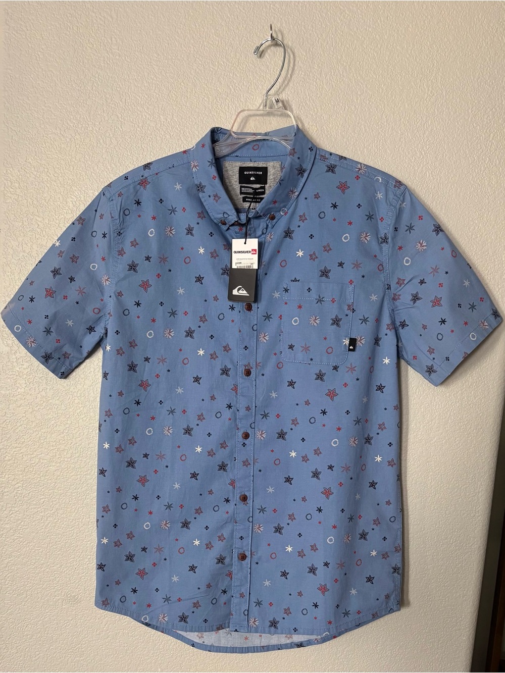 Quiksilver Men’s Blue Short-Sleeve Star Print Shirt Sz S